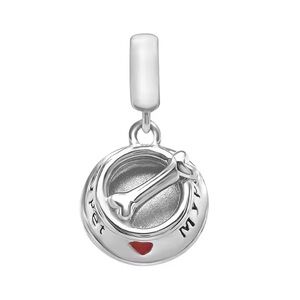 Silver Pet Bowl Dangle Charm with Red Heart